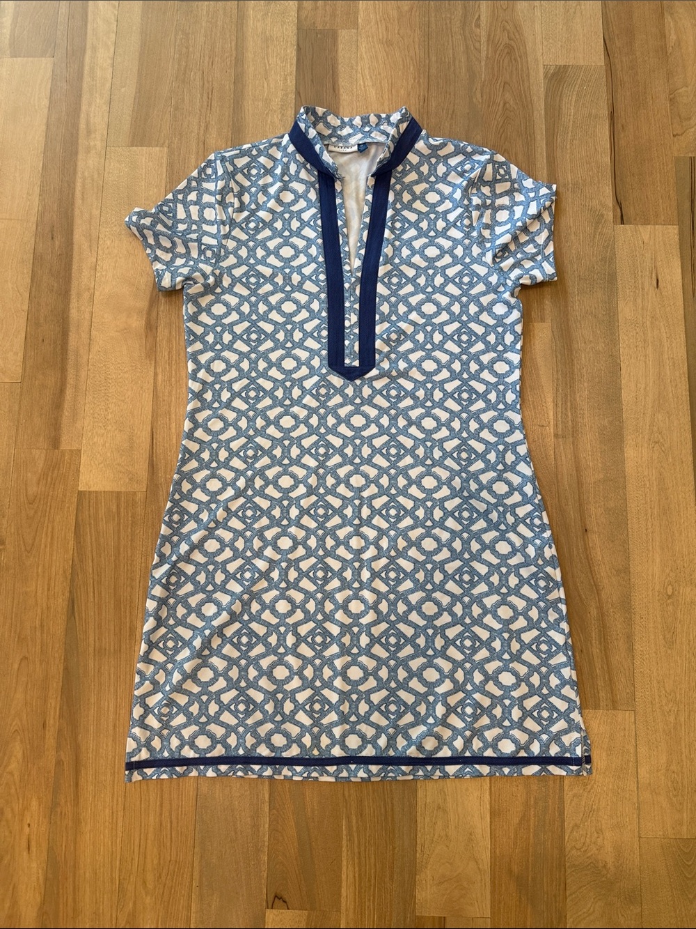 Cabana Life Blue & White Geometric Short Sleeve Shift Dress